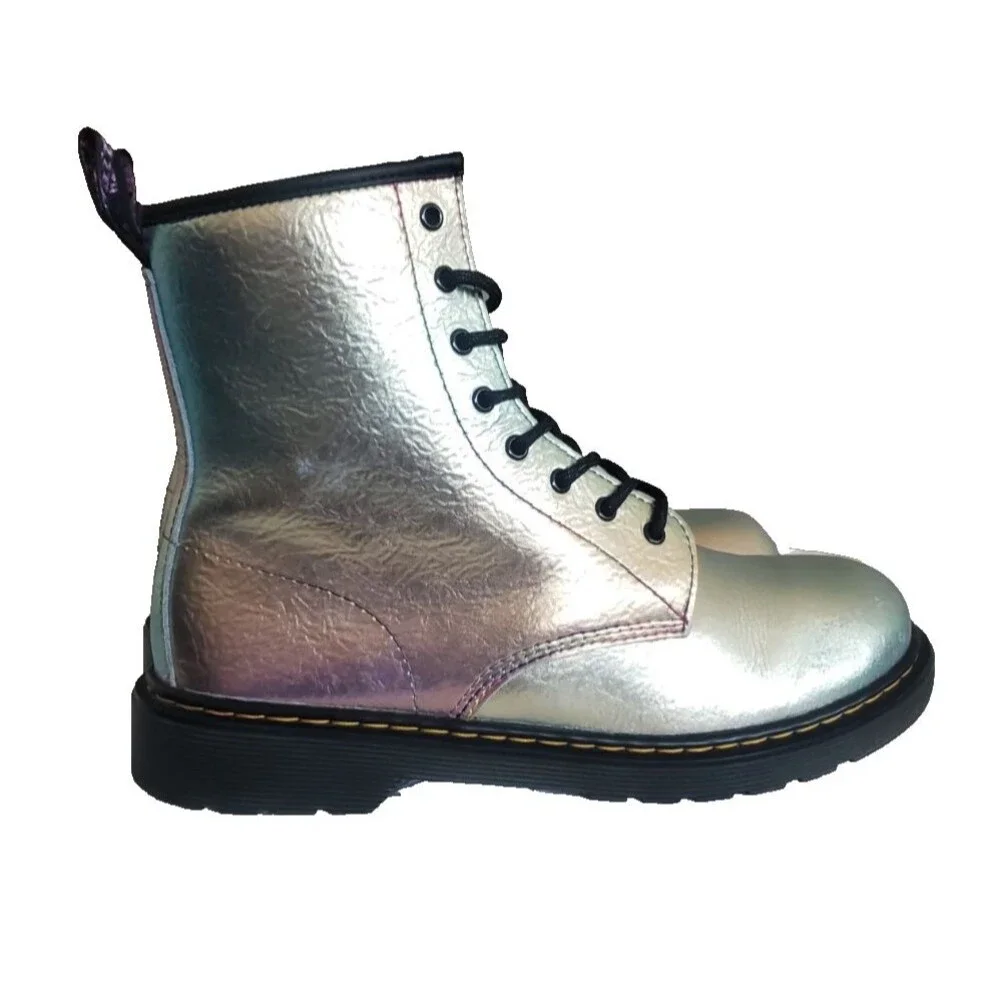 Doc Martens 1460 J Combat Ankle Boots Size 7 Laces Silver Reflective Holo Biker